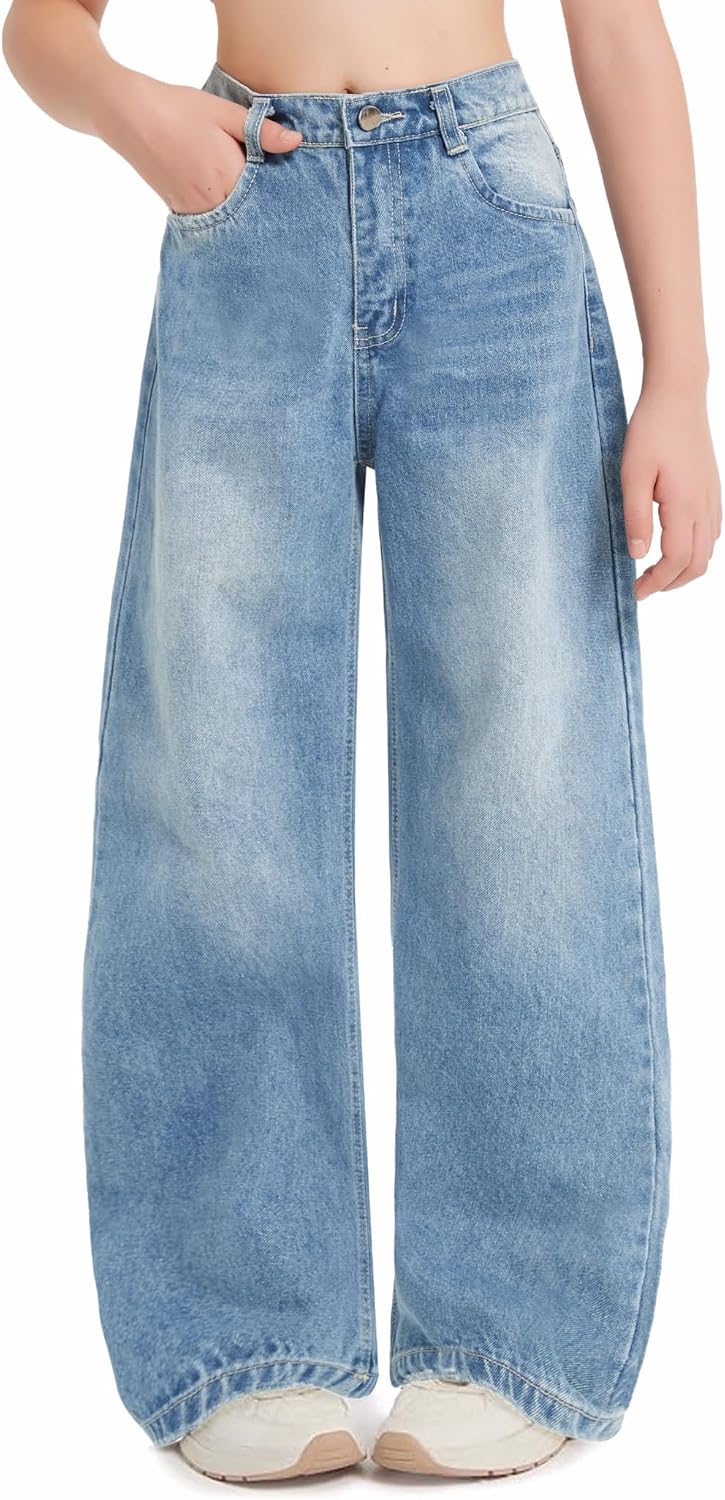 EXARUS Girls Jeans Baggy Wide Leg Cute Teen Tween Long Denim Pants Clothes