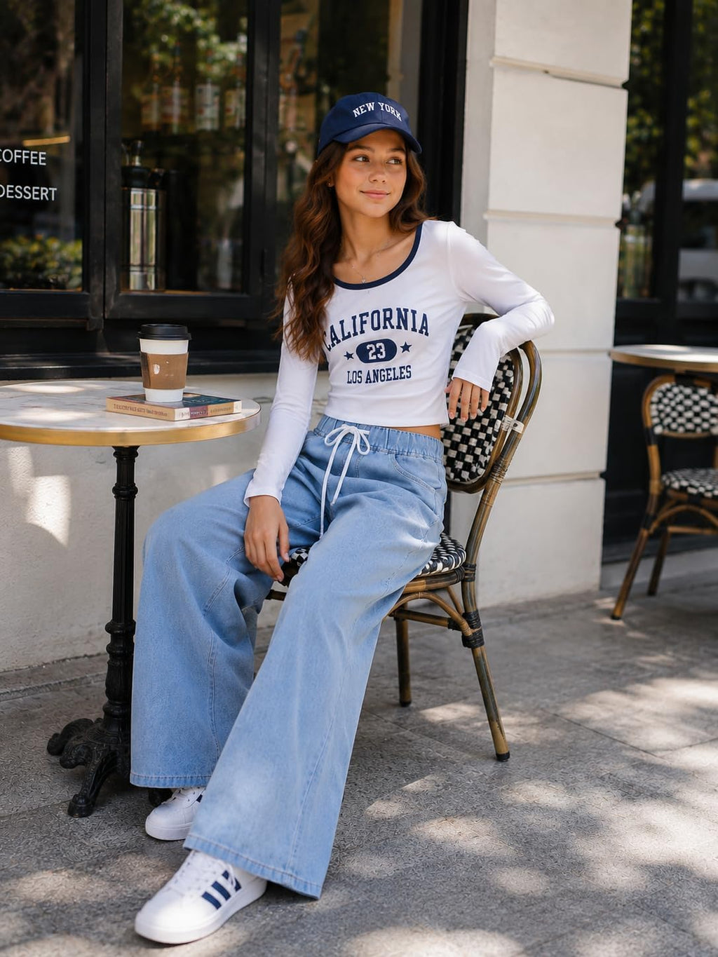 Teen Girls Wide Leg Jeans High Waist Drawstring Denim Pants with Pockets