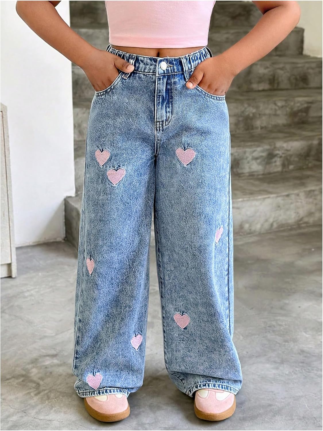 WDIRARA Girl's Heart Embroidered Jeans Elastic Wide Leg Denim Pants