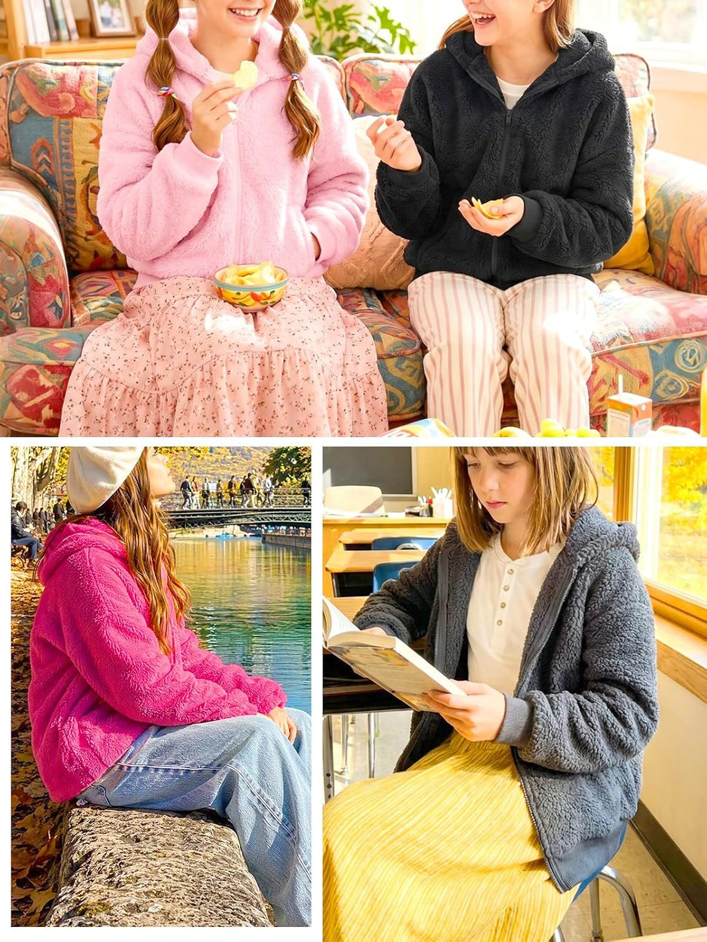 Putysenxi Girls Zip Up Fleece Jacket Stand Collar Sherpa Coat Kids Loose Fall Winter Soft Fuzzy Outerwear with Pockets