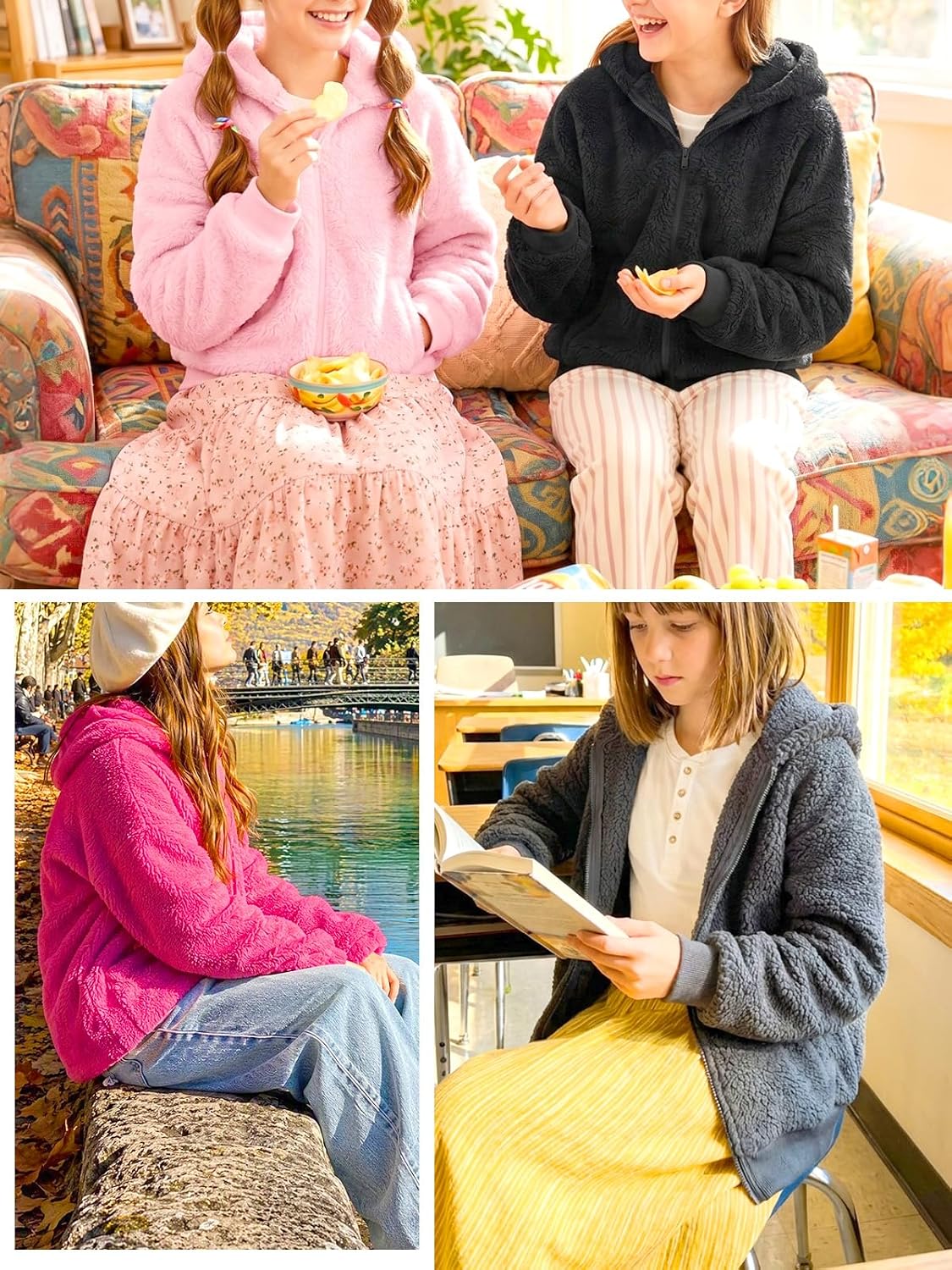 Putysenxi Girls Zip Up Fleece Jacket Stand Collar Sherpa Coat Kids Loose Fall Winter Soft Fuzzy Outerwear with Pockets