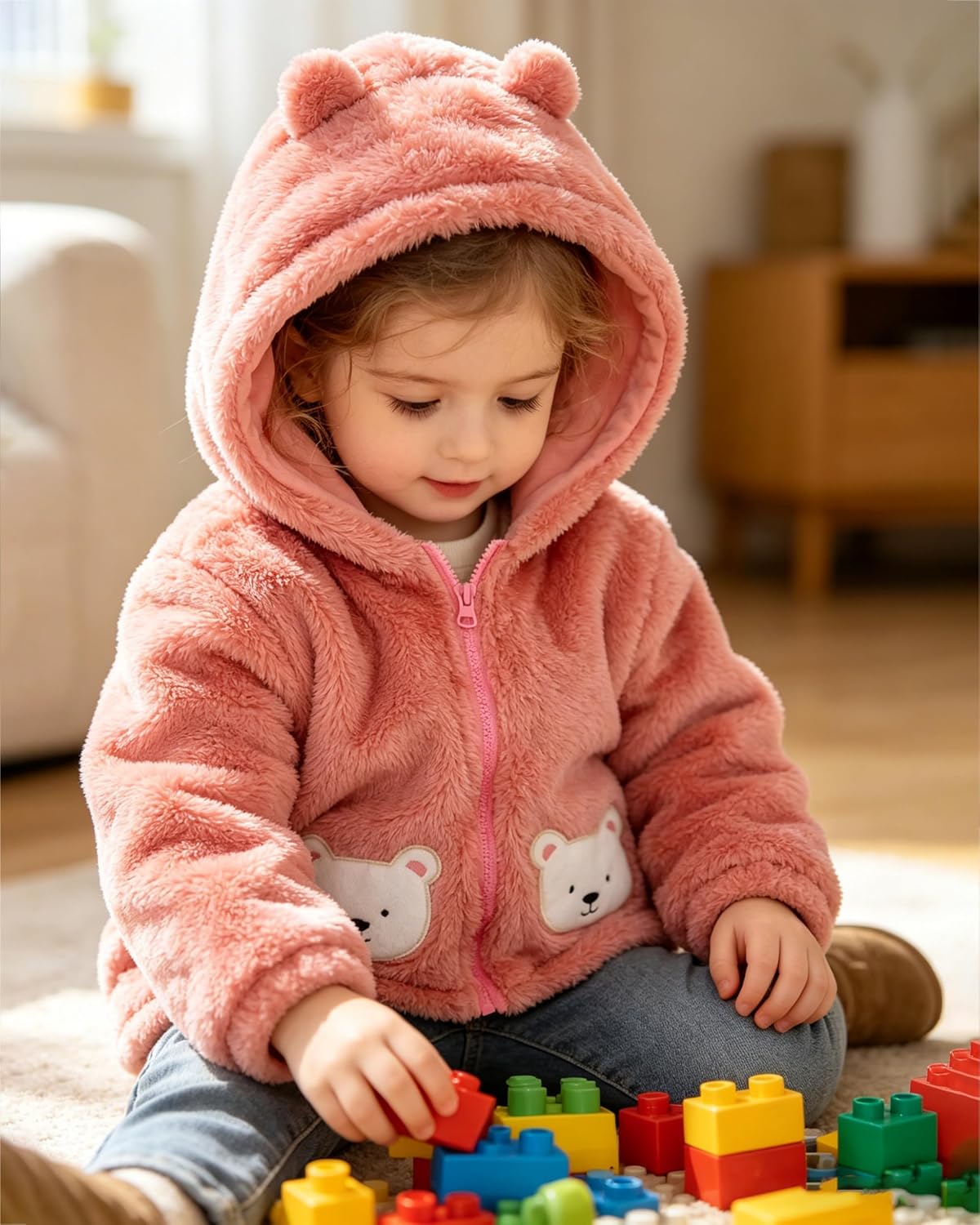 Toddler Winter Coat Fleece Zip up Hooded Bear Ears Warm Baby Kids Jacket