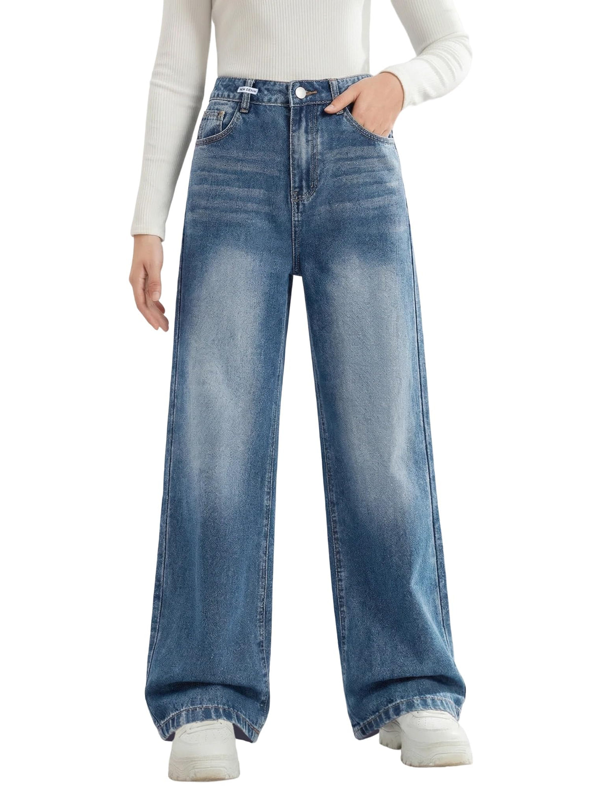 Girls Baggy Jeans Wide Leg Denim Pants Elastic Waist Pockets Kids Teen