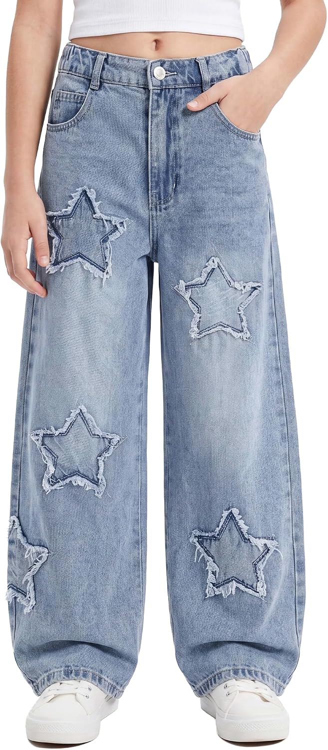 PATPAT Girls Jeans Baggy Wide Leg Cute Star/Heart Denim Pants 5-14 Years