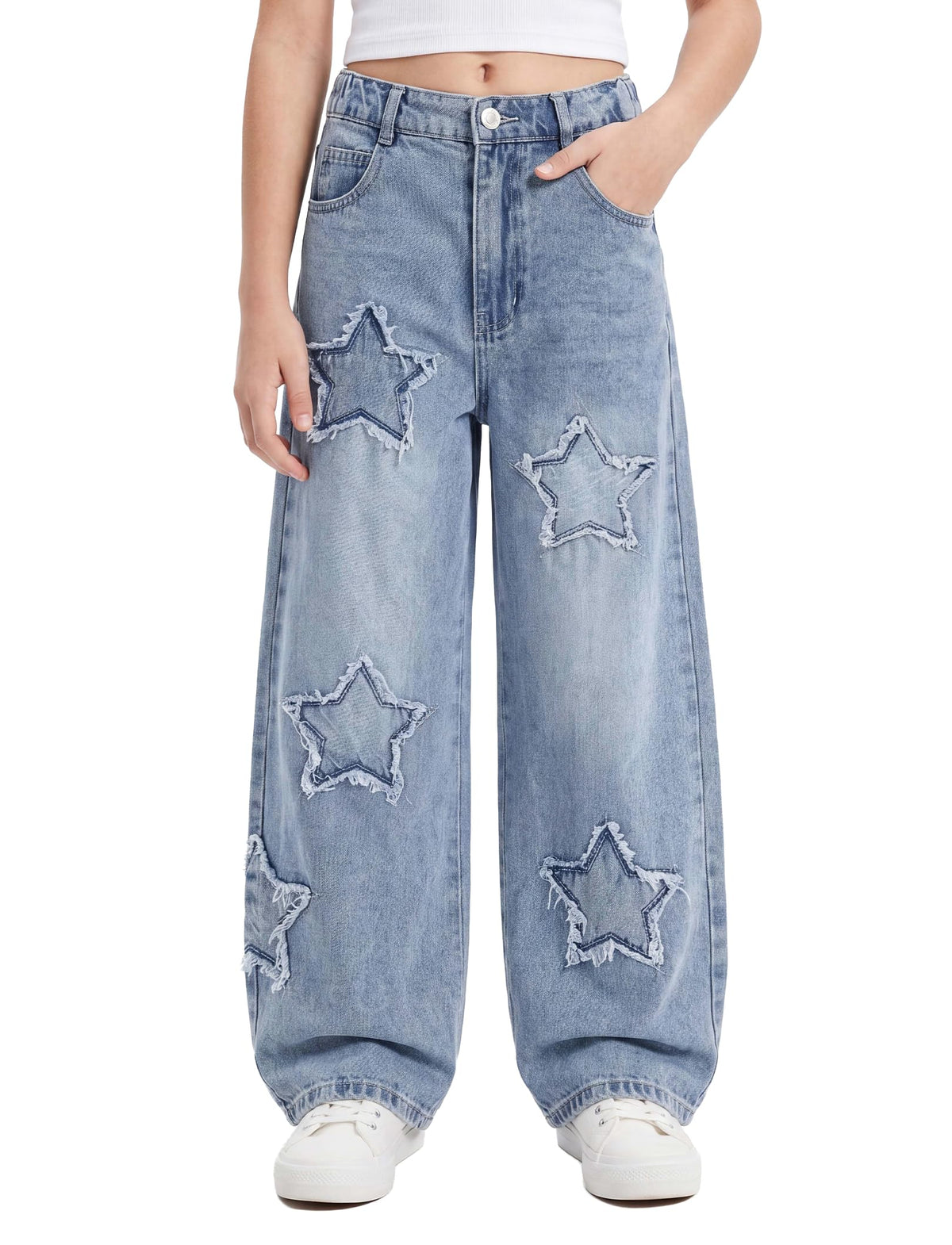 PATPAT Girls Jeans Baggy Wide Leg Cute Star/Heart Denim Pants 5-14 Years
