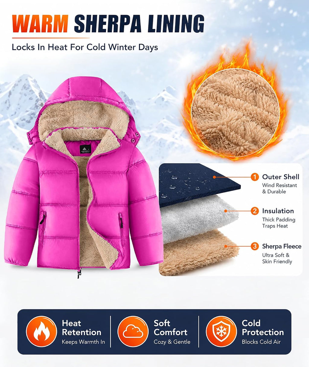Boy'S Girls Winter Coat Puffer Jacket Sherpa Fleece with Detachable Hood