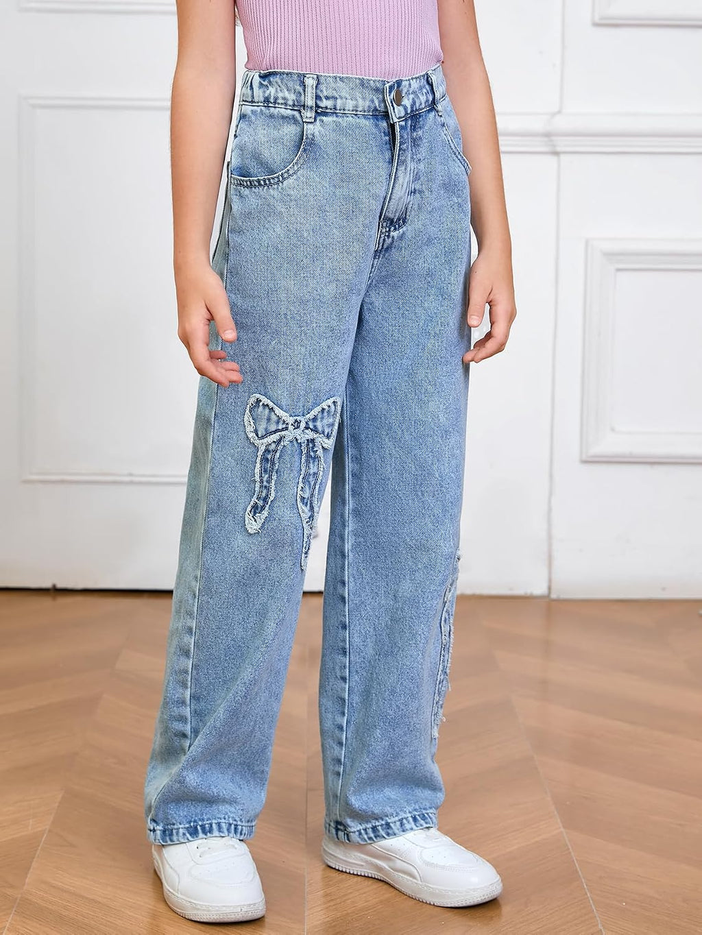 WDIRARA Girl's Bowknot Jean Elastic Waist Denim Pants Straight Leg Trousers