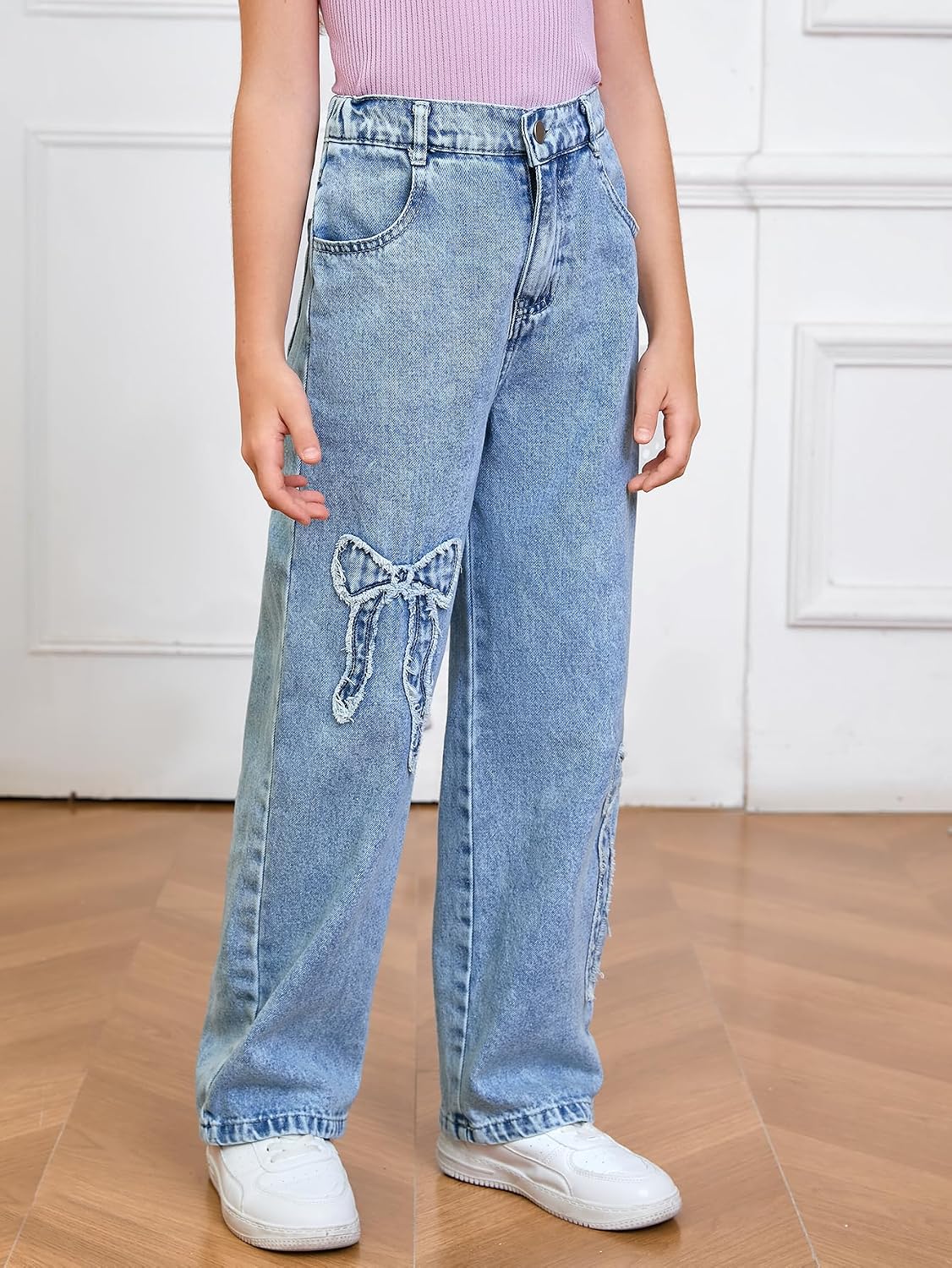 WDIRARA Girl's Bowknot Jean Elastic Waist Denim Pants Straight Leg Trousers