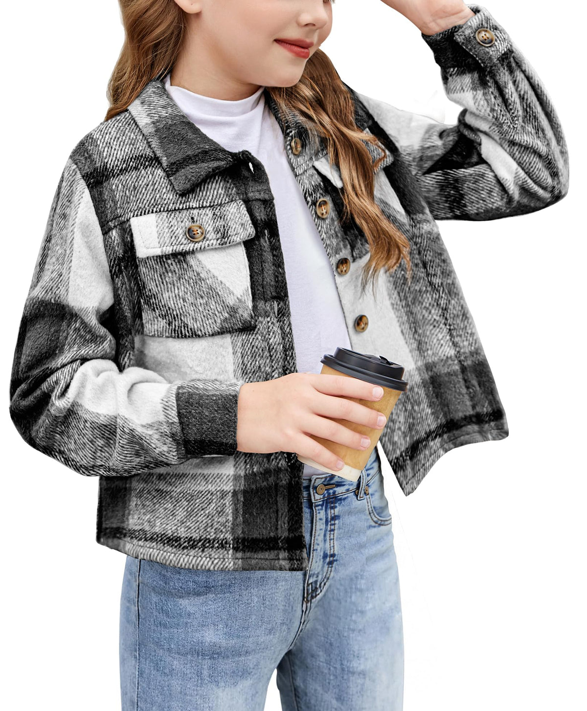 Arshiner Girls Flannel Fall Cropped Shacket Plaid Jacket Casual Coat