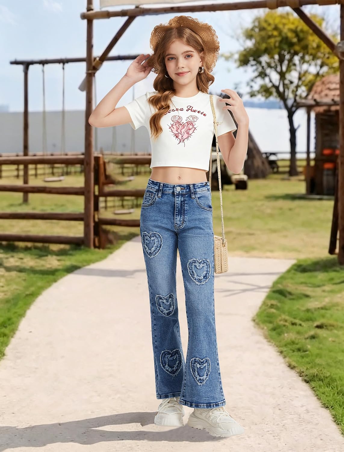 Girls Jeans Flare High Elastic Waist Denim Pants Bell Bottom Stretch Cute Y2K Streetwear with Pockets 7-14Y