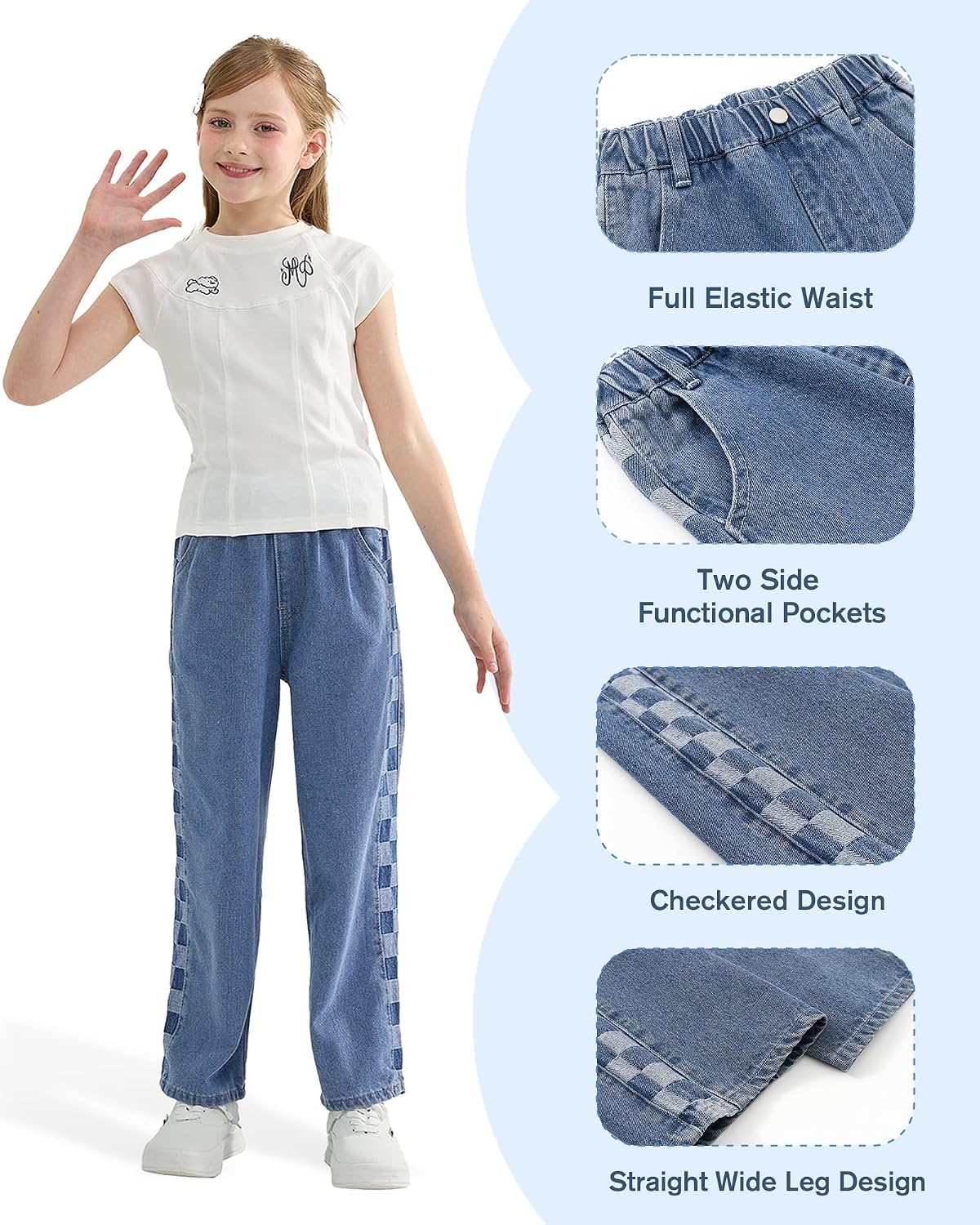 Rolanko Girls Jeans Denim Elastic Wasit Wide Leg Baggy Pants Kids Clothes 4-14 Years