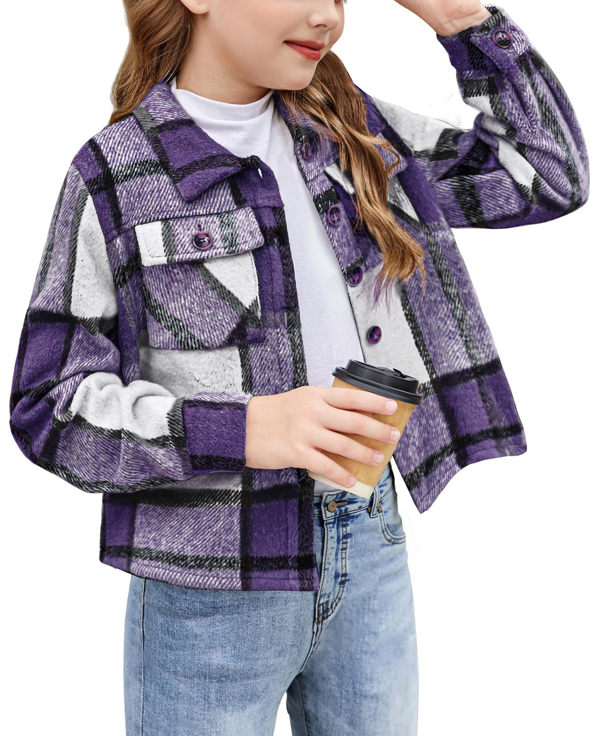 Arshiner Girls Flannel Fall Cropped Shacket Plaid Jacket Casual Coat