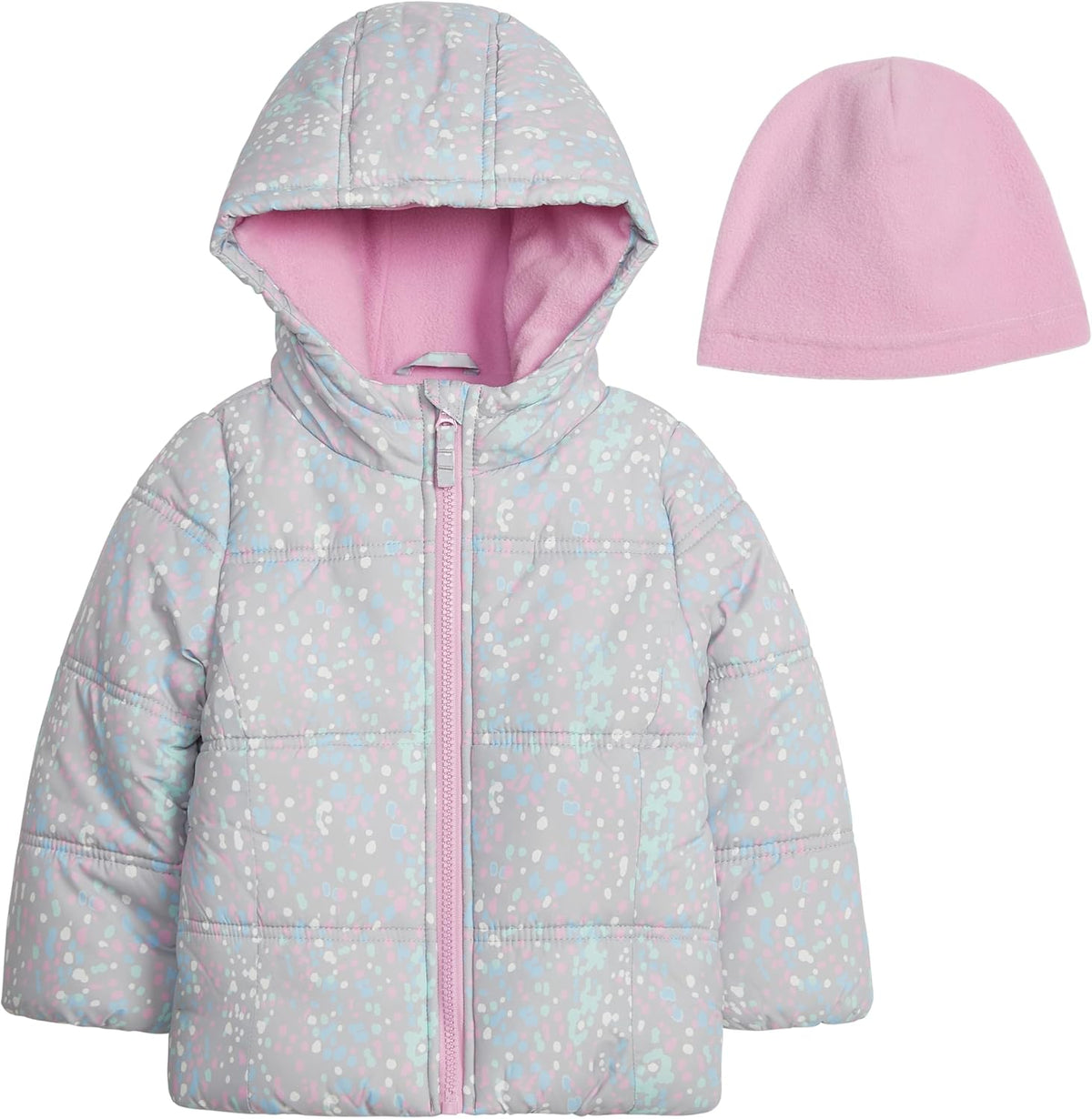 LONDON FOG Baby Girls' Heavyweight Quilted Puffer Jacket with Fleece Beanie