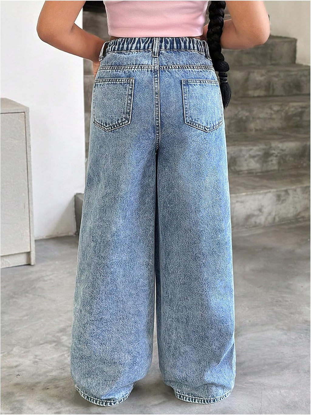 WDIRARA Girl's Heart Embroidered Jeans Elastic Wide Leg Denim Pants