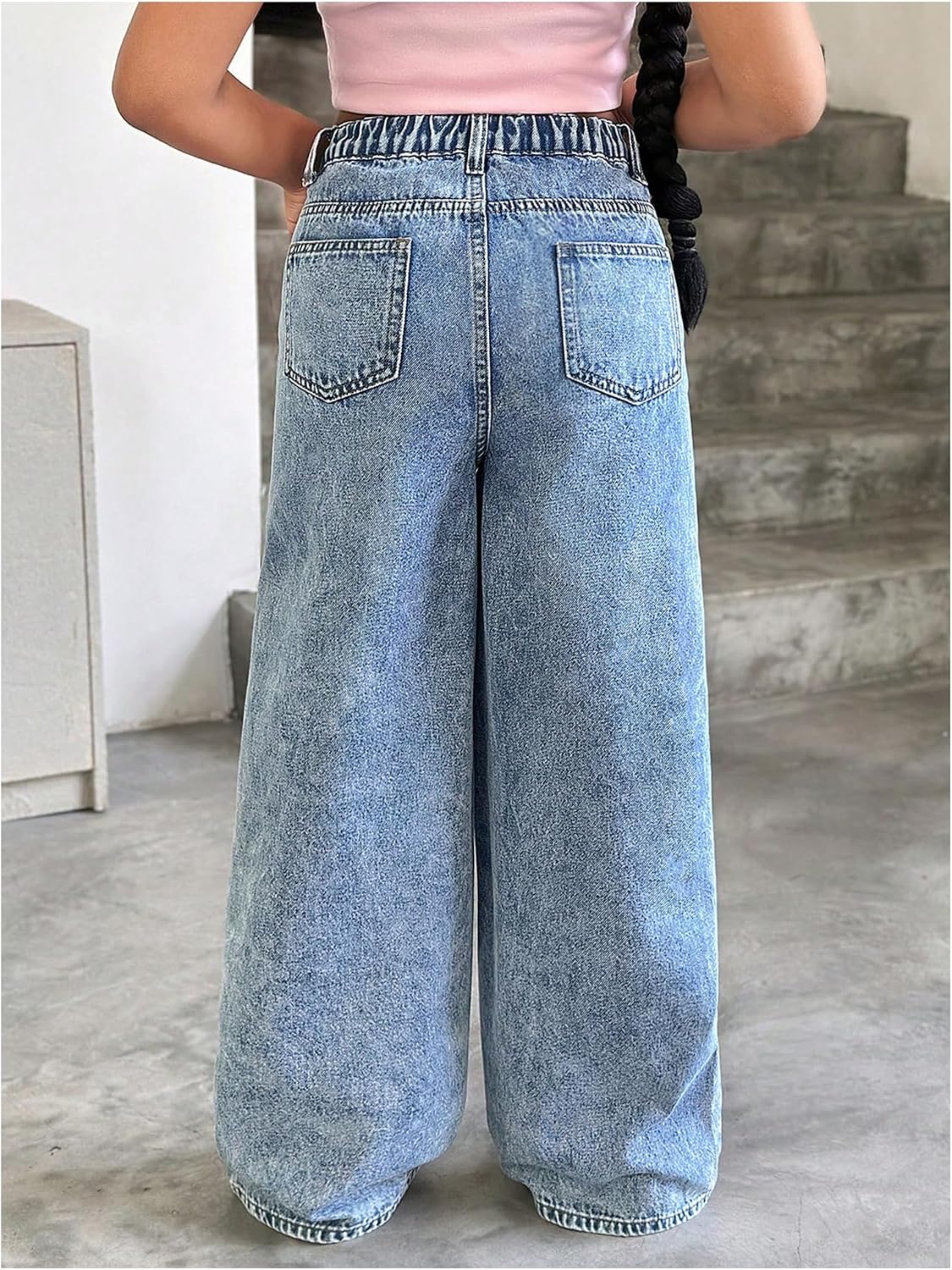 WDIRARA Girl's Heart Embroidered Jeans Elastic Wide Leg Denim Pants