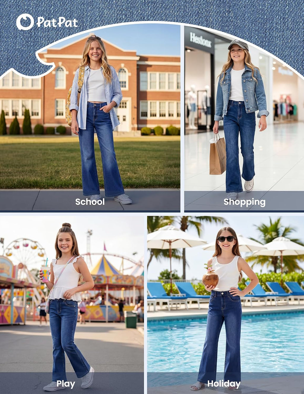 PATPAT Girls Bootcut Jeans 5-14Y Stretch Denim Pants with Elastic Mid-Waist