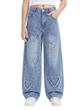 PATPAT Girls Jeans Baggy Wide Leg Cute Star/Heart Denim Pants 5-14 Years