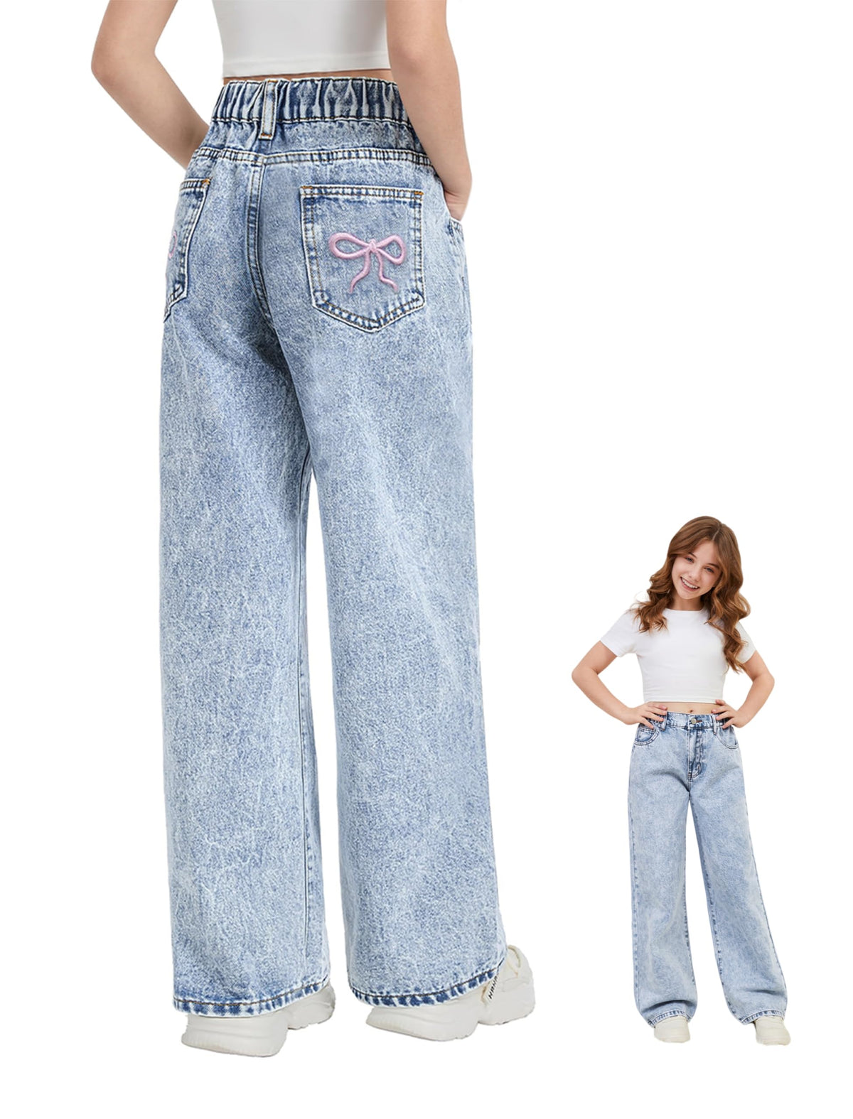 Girls Baggy Jeans Wide Leg Washed Denim Pants with Pockets 7-14Y