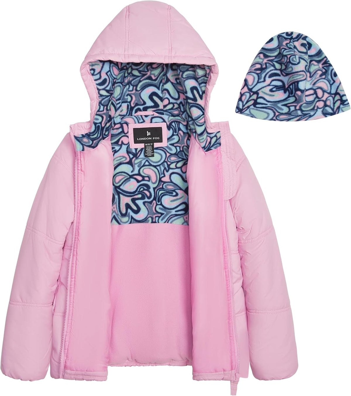 LONDON FOG Baby Girls' Heavyweight Quilted Puffer Jacket with Fleece Beanie