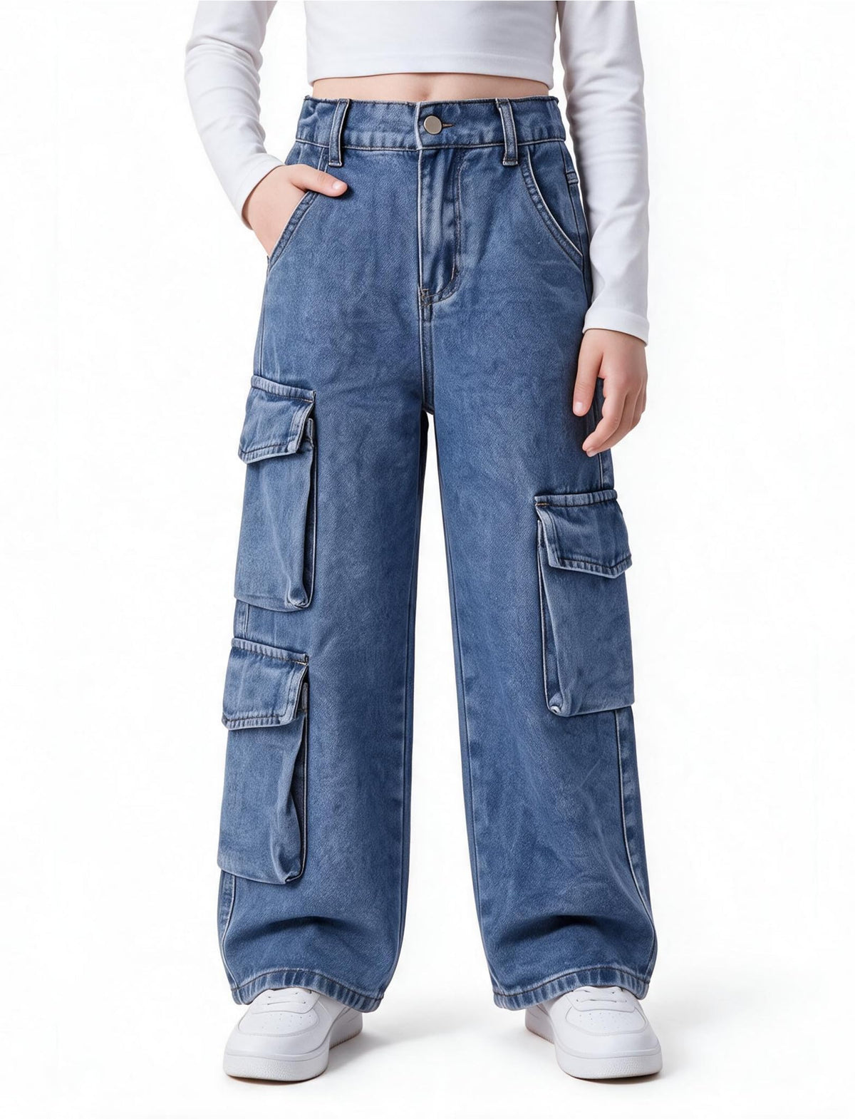 PATPAT Girls Baggy Cargo Jeans 5-14Y Elastic Waist Wide Leg Denim Pants