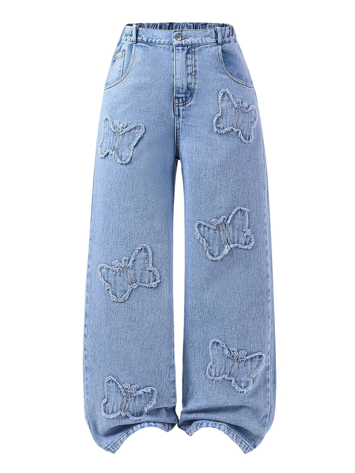 WDIRARA Girl's Bowknot Jean Elastic Waist Denim Pants Straight Leg Trousers