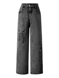 WDIRARA Girl's Bowknot Jean Elastic Waist Denim Pants Straight Leg Trousers
