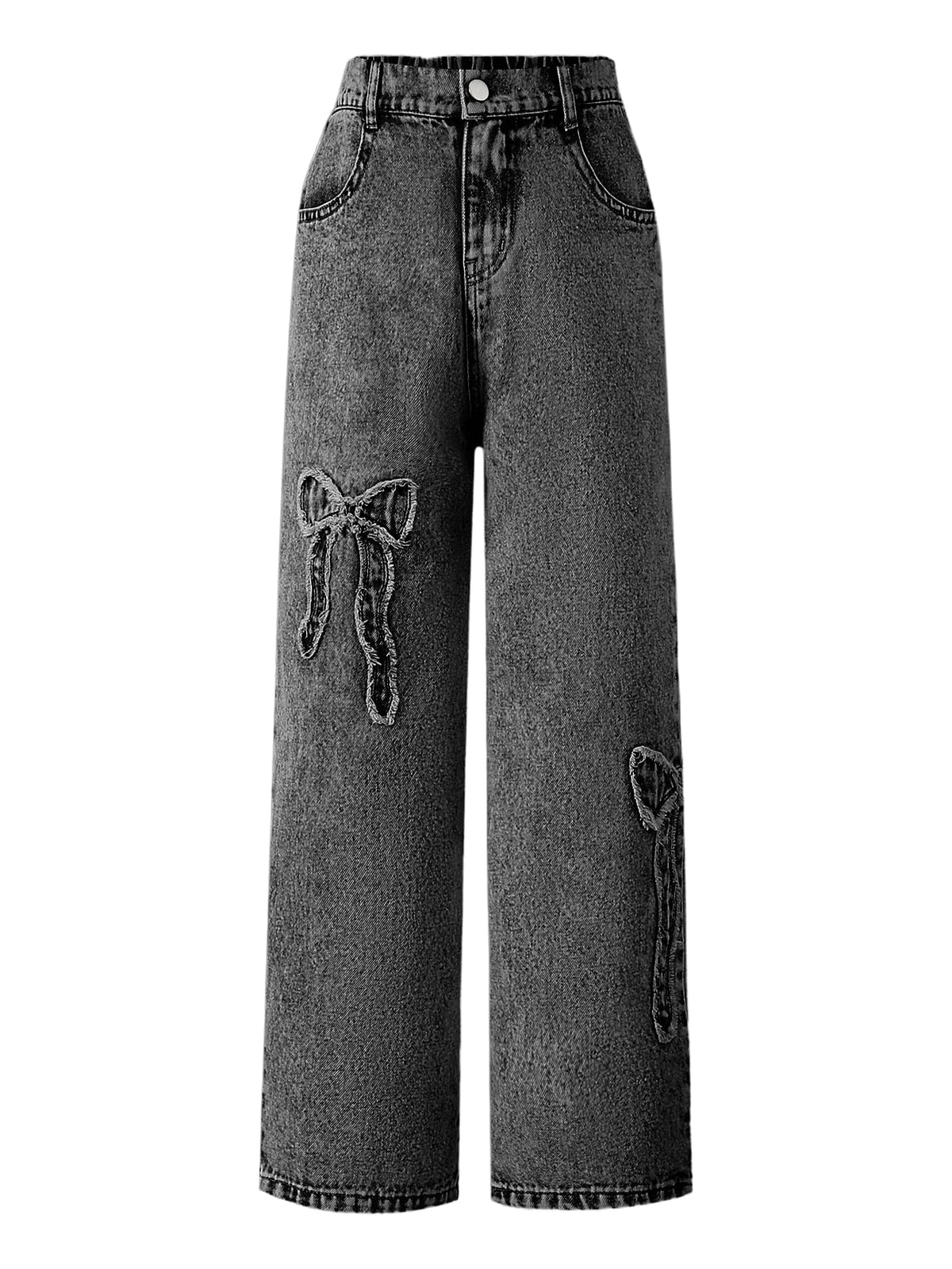 WDIRARA Girl's Bowknot Jean Elastic Waist Denim Pants Straight Leg Trousers