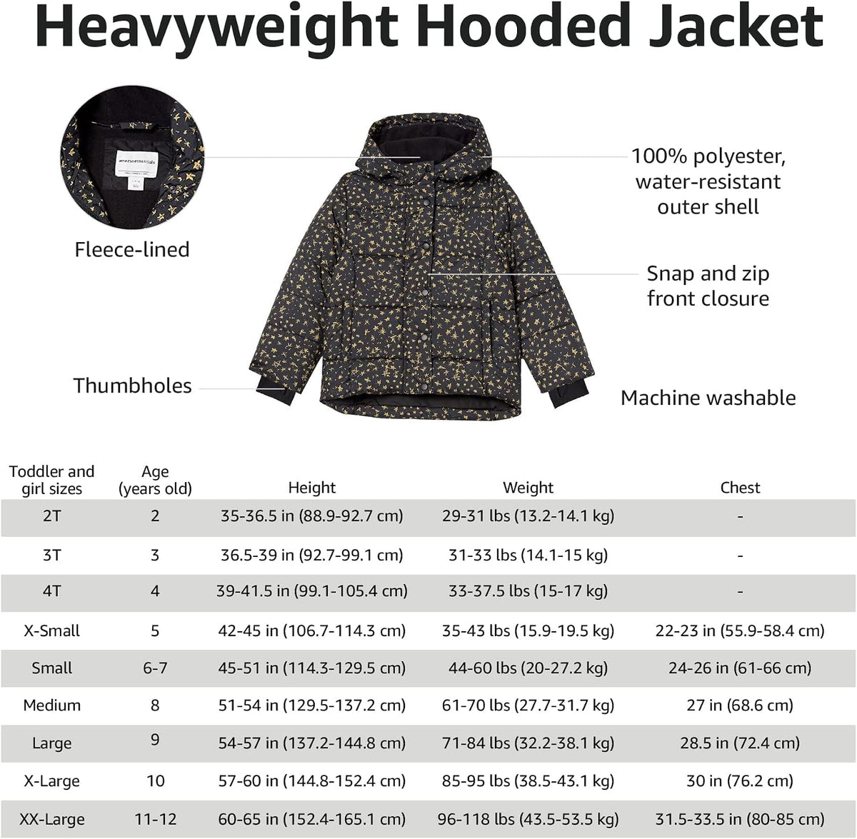 Amazon Essentials Girls and Toddlers' Heavyweight Hooded Puffer Coat, Water-Resistant