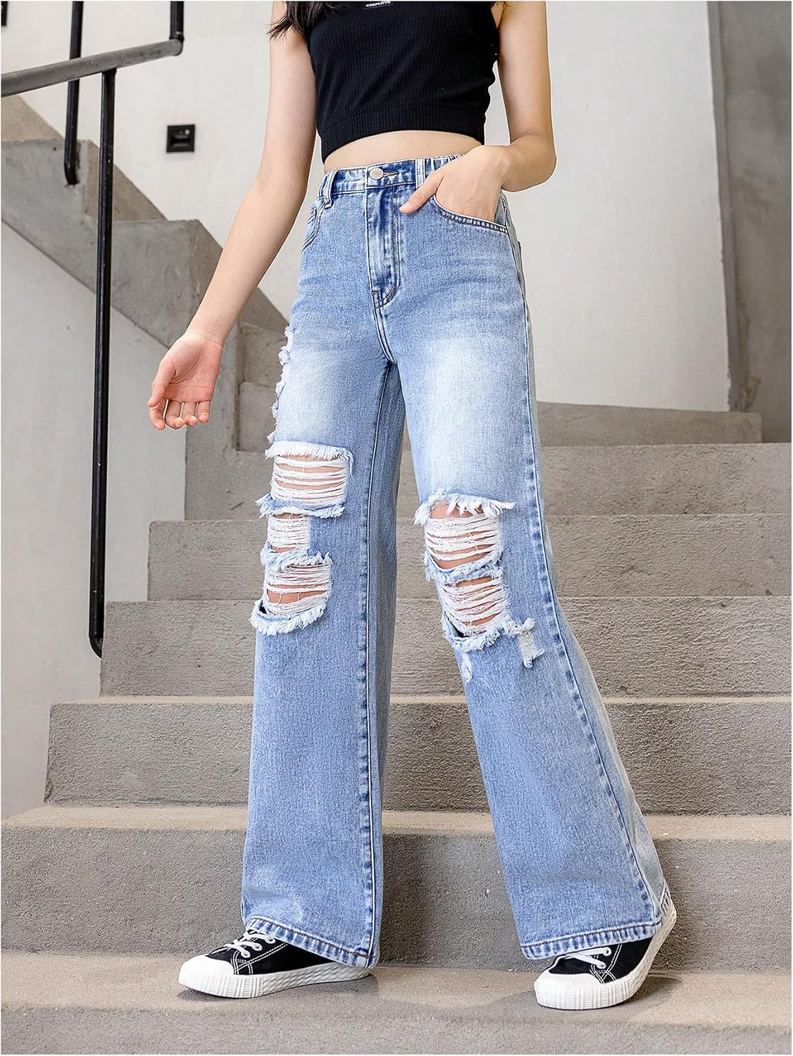 Floerns Girl's Elastic High Waisted Ripped Baggy Jeans Wide Leg Distressed Denim Pants
