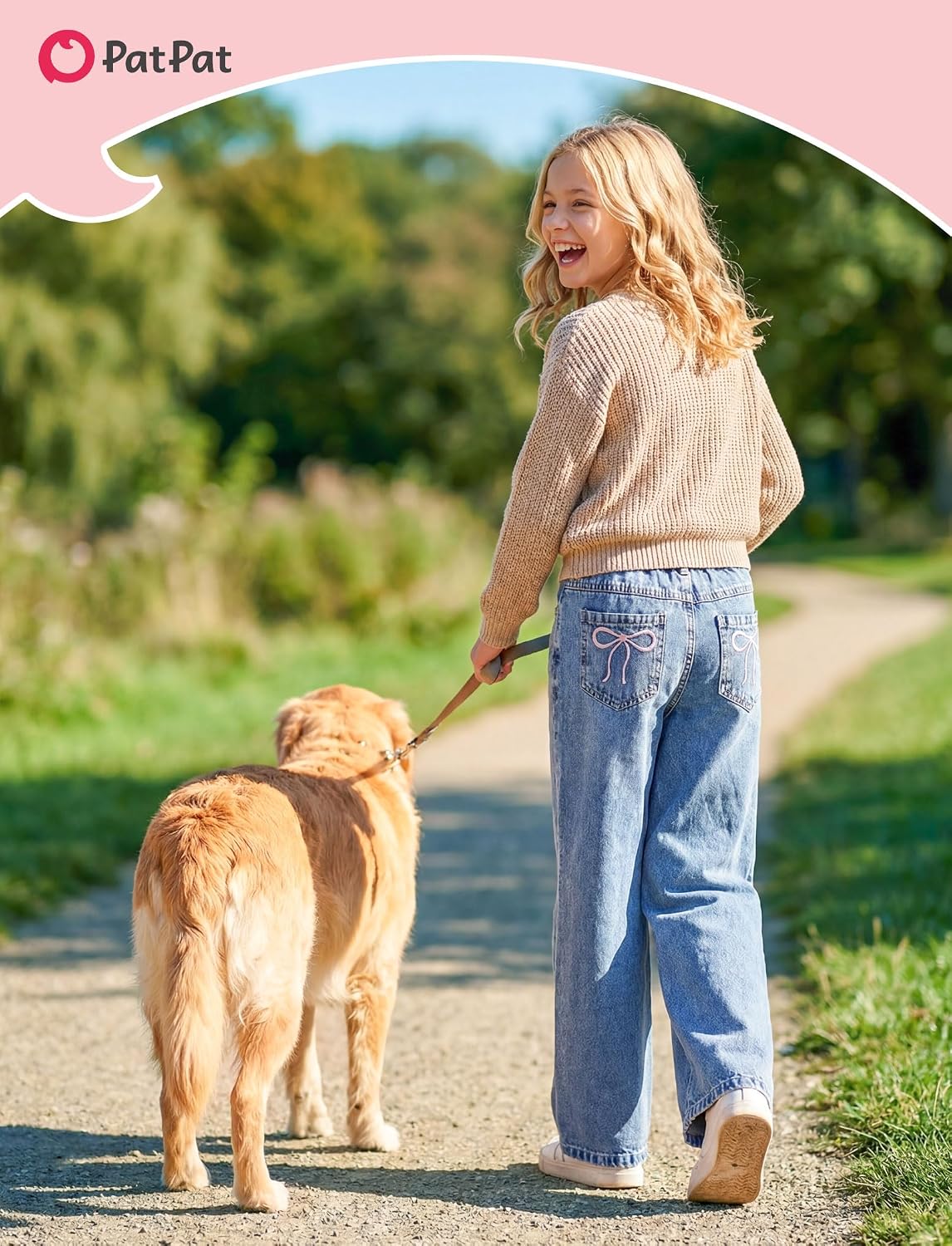 PATPAT Girls Baggy Wide Leg Jeans 5-14Y, Cute Bow Elastic Waist Denim Pants