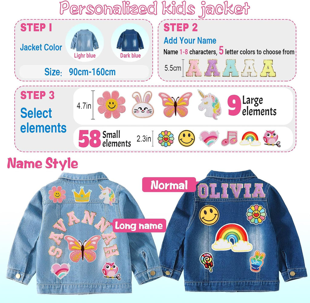 Rryoumisun Personalized Kids Denim Jacket with Names, Custom 1-14 Years Old Girls Boys Spring&Fall Outerwear Jackets