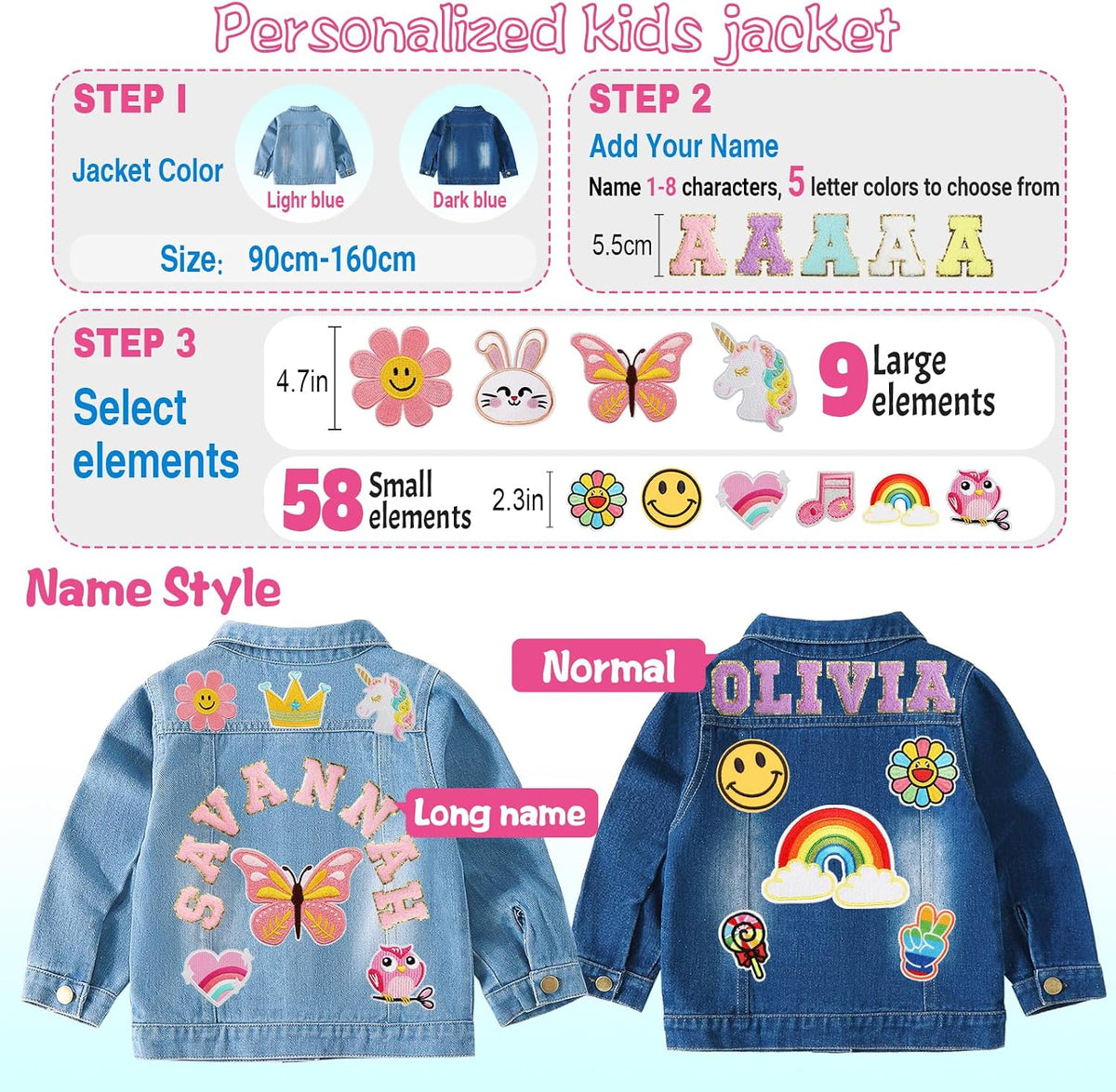 Rryoumisun Personalized Kids Denim Jacket with Names, Custom 1-14 Years Old Girls Boys Spring&Fall Outerwear Jackets