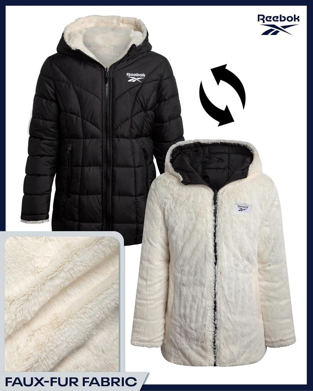 Reebok Girls Reversible Puffer Jacket, Fur Lined, Wind & Water Resistant