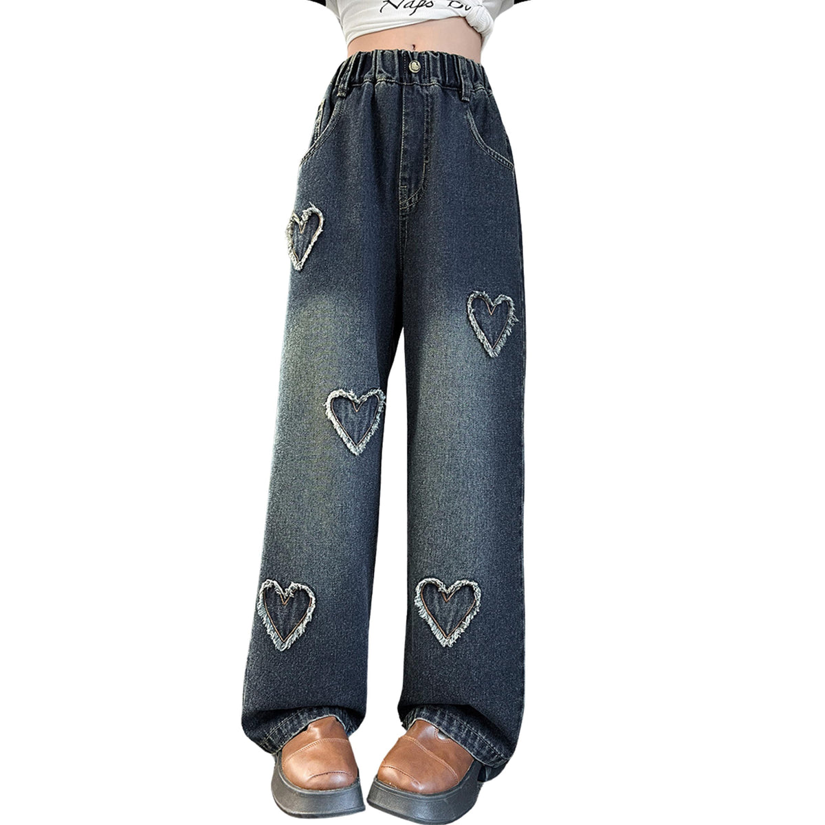 Rolanko Girls Jeans Denim Elastic Wasit Wide Leg Baggy Pants Kids Clothes 4-14 Years
