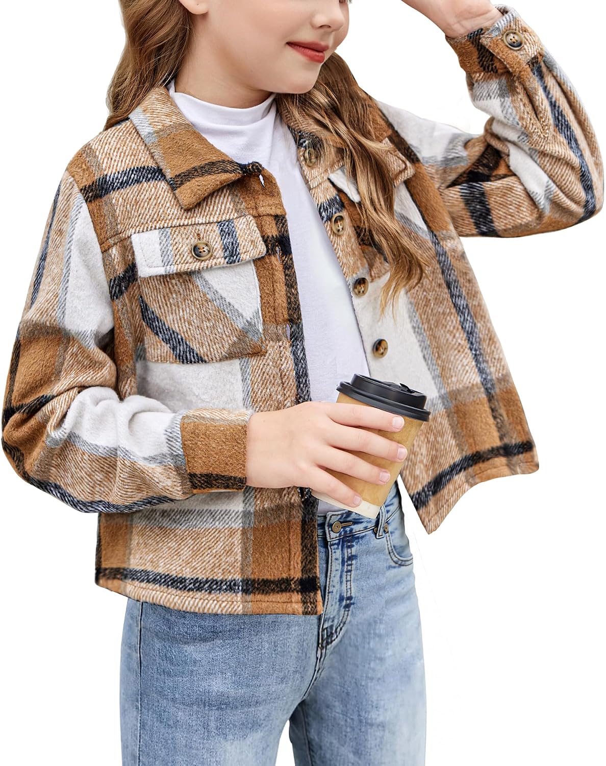 Arshiner Girls Flannel Fall Cropped Shacket Plaid Jacket Casual Coat