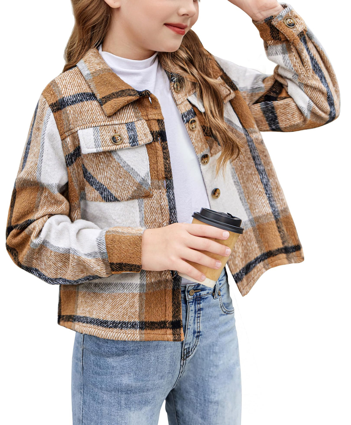 Arshiner Girls Flannel Fall Cropped Shacket Plaid Jacket Casual Coat