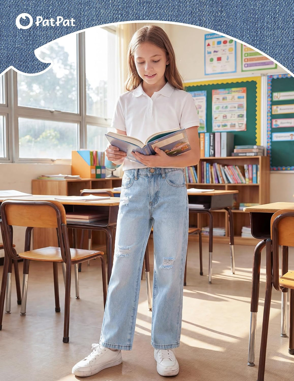 PATPAT Girls Baggy Ripped Jeans 5-14Y, Elastic Waist Wide Leg Denim Pants