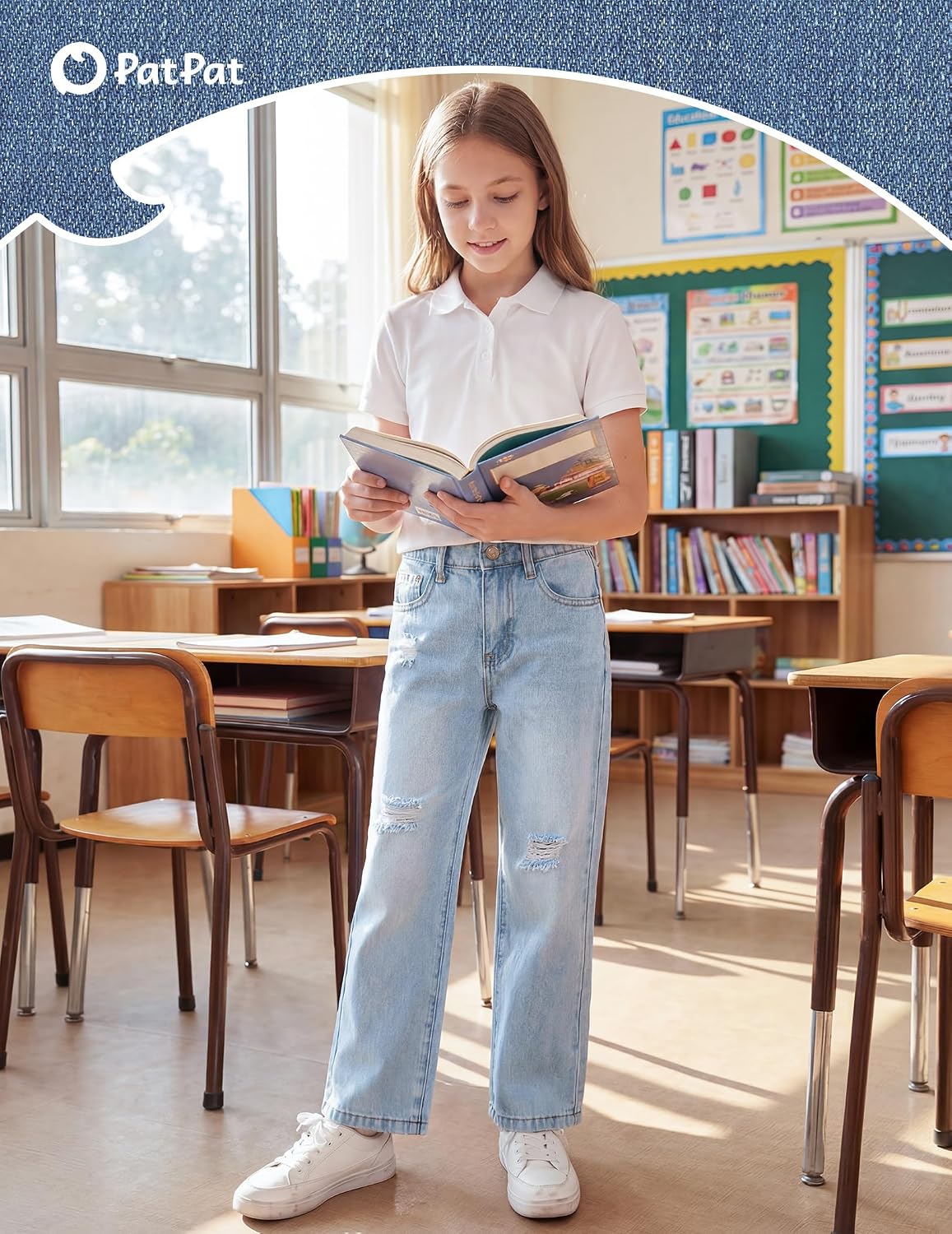 PATPAT Girls Baggy Ripped Jeans 5-14Y, Elastic Waist Wide Leg Denim Pants