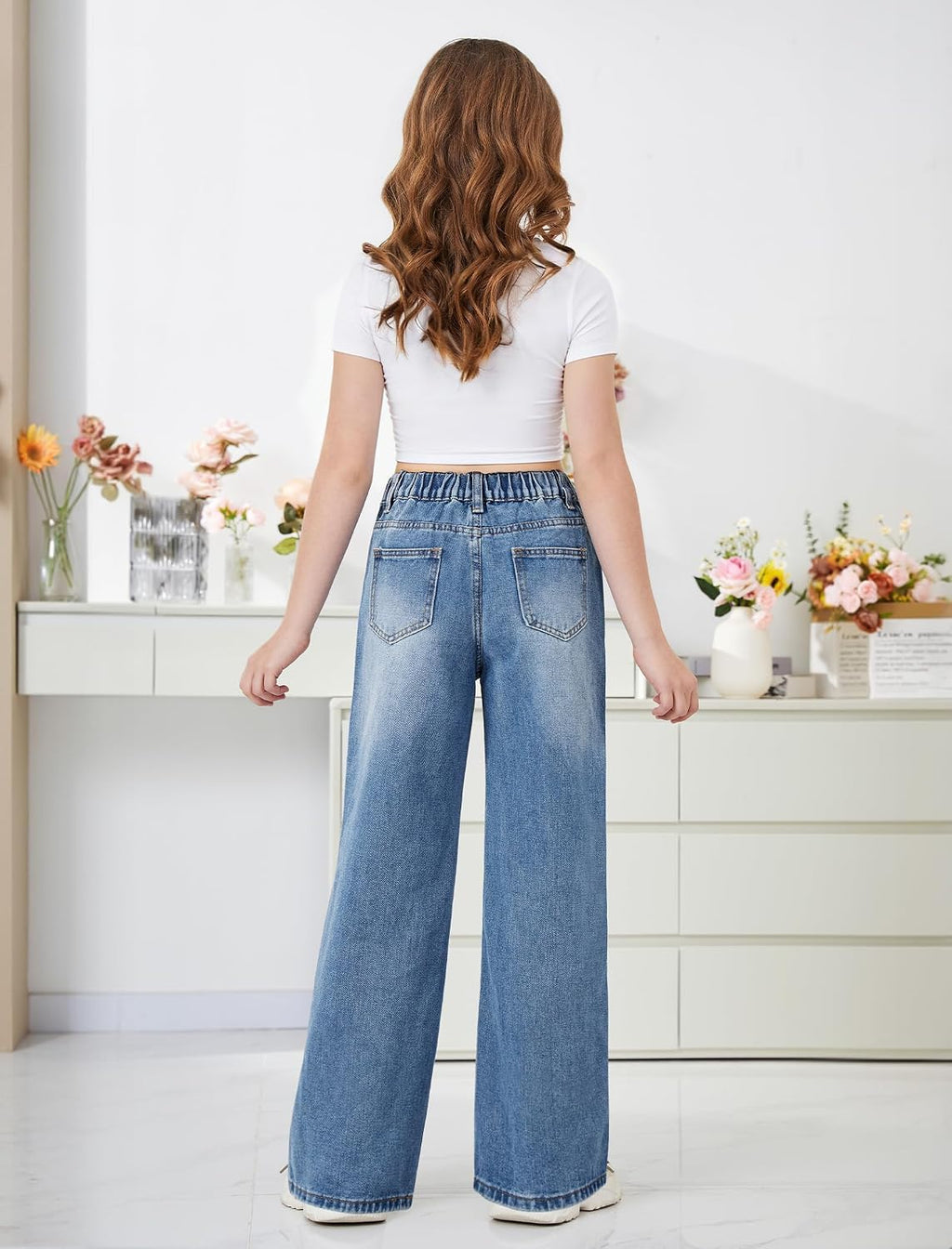 Girls Baggy Jeans Wide Leg Washed Denim Pants with Pockets 7-14Y