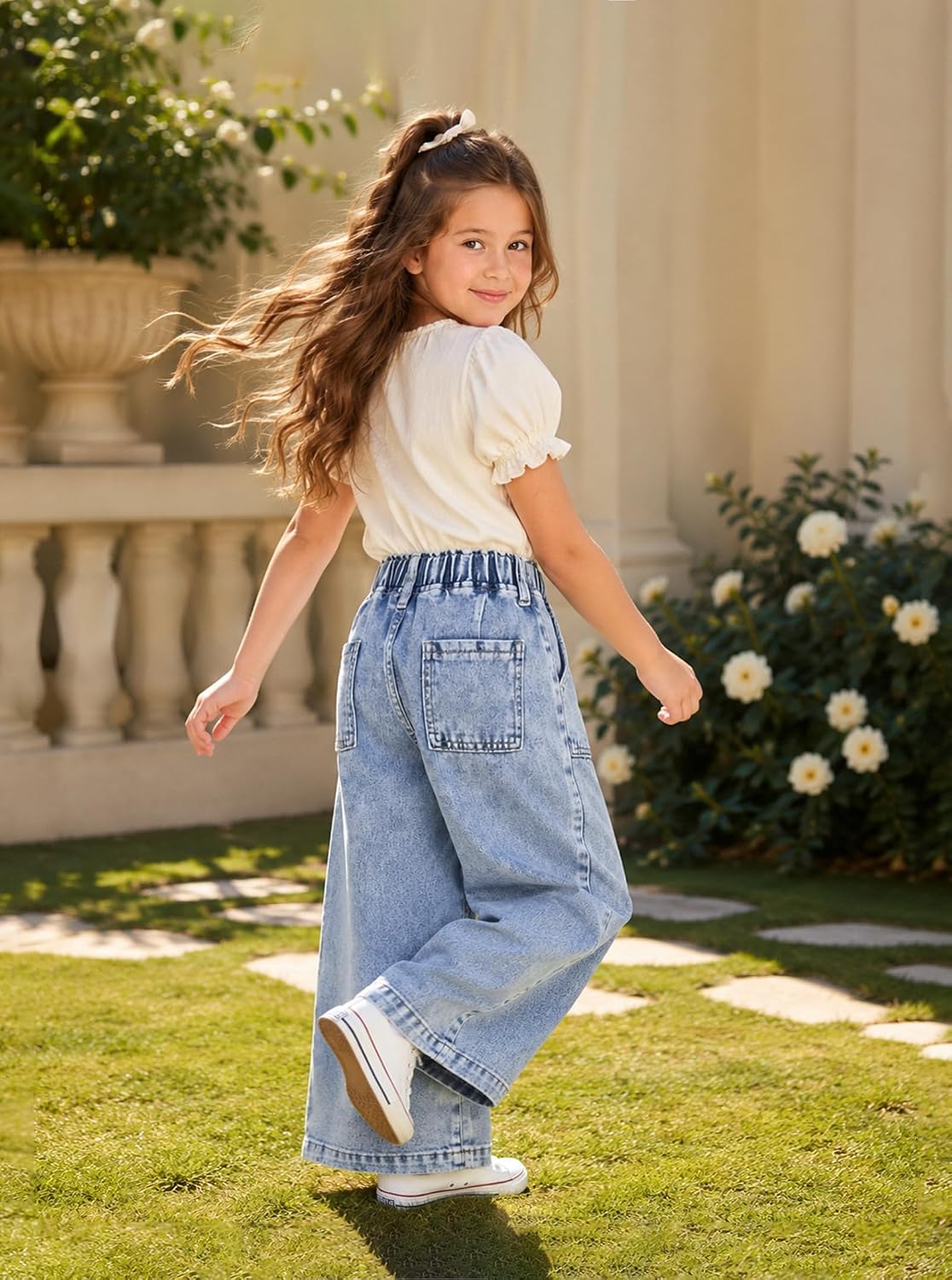 Girls Wide Leg Jeans Elastic Waisted Baggy Denim Pants