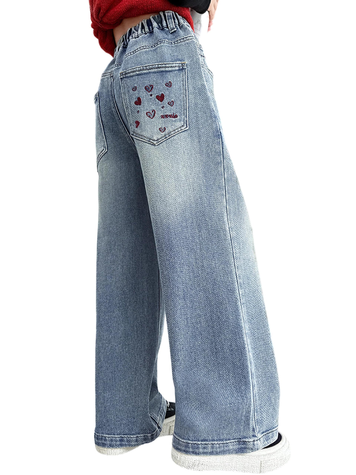 Rolanko Girls Jeans Denim Elastic Wasit Wide Leg Baggy Pants Kids Clothes 4-14 Years