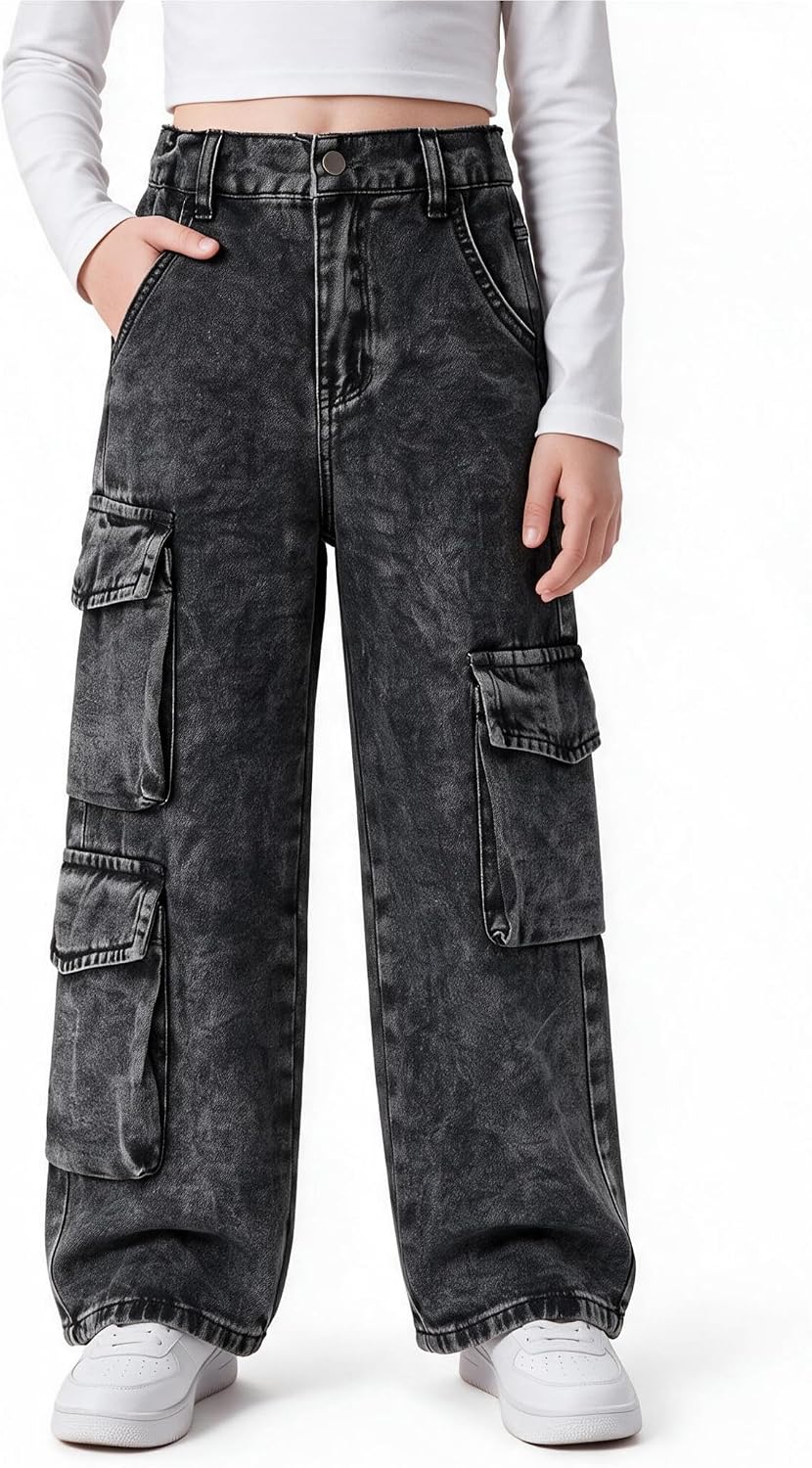 PATPAT Girls Baggy Cargo Jeans 5-14Y Elastic Waist Wide Leg Denim Pants