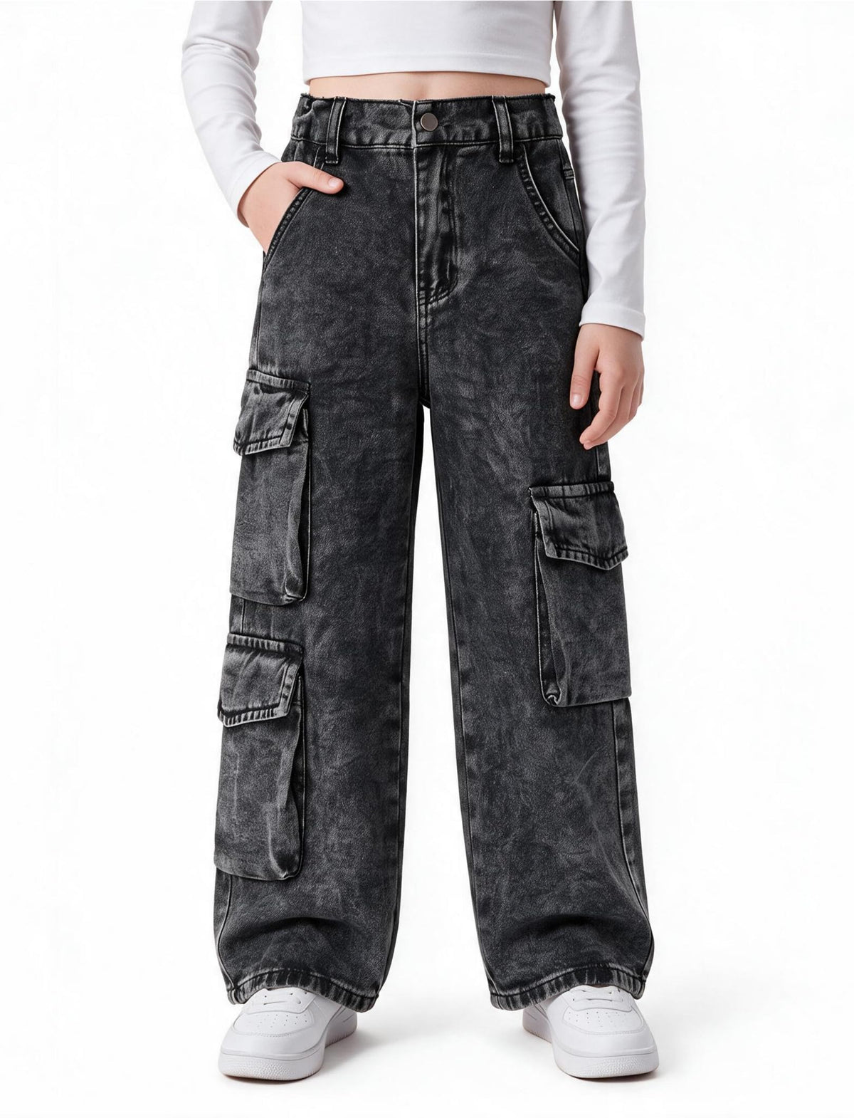 PATPAT Girls Baggy Cargo Jeans 5-14Y Elastic Waist Wide Leg Denim Pants