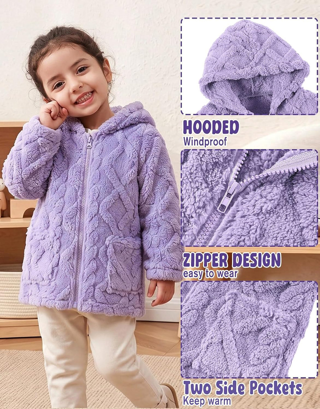 Toddler Girls Fleece Jacket Hooded Coats Winter Outwear 2-6 Years