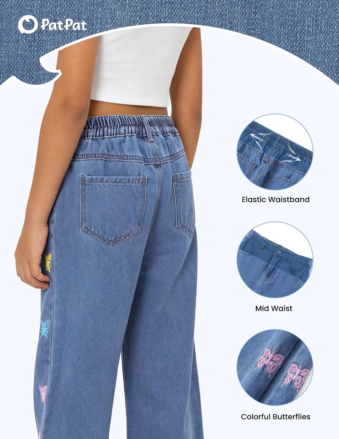 PATPAT Girls Baggy Jeans 5-14Y with Elastic Wasit & Butterfly Embroidery