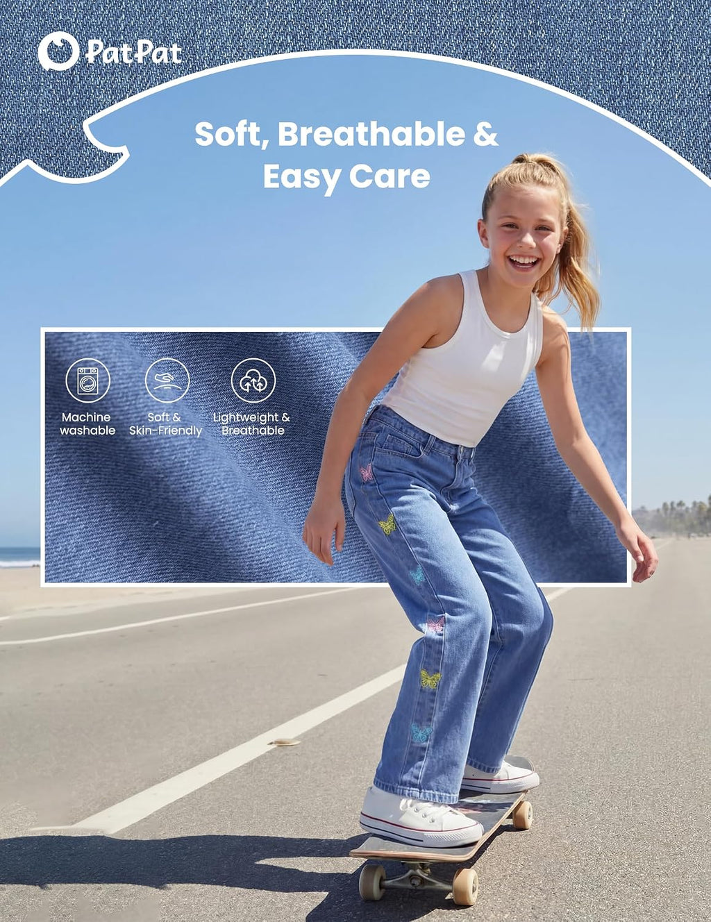 PATPAT Girls Baggy Jeans 5-14Y with Elastic Wasit & Butterfly Embroidery