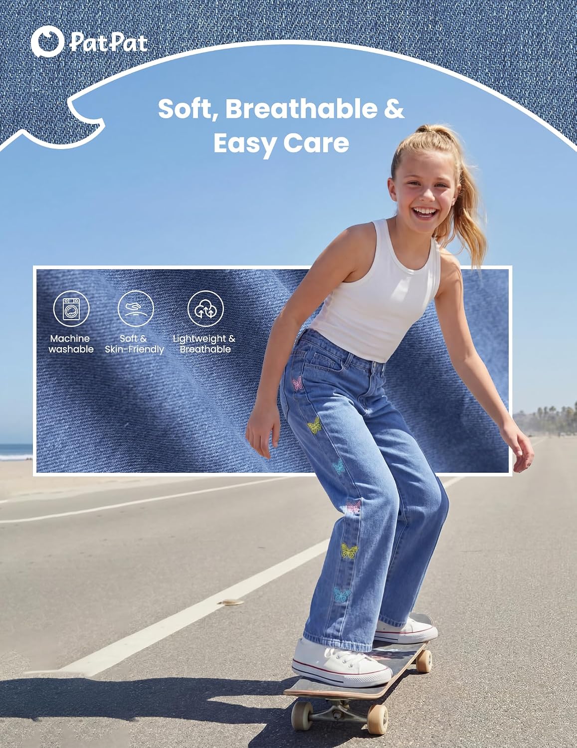 PATPAT Girls Baggy Jeans 5-14Y with Elastic Wasit & Butterfly Embroidery