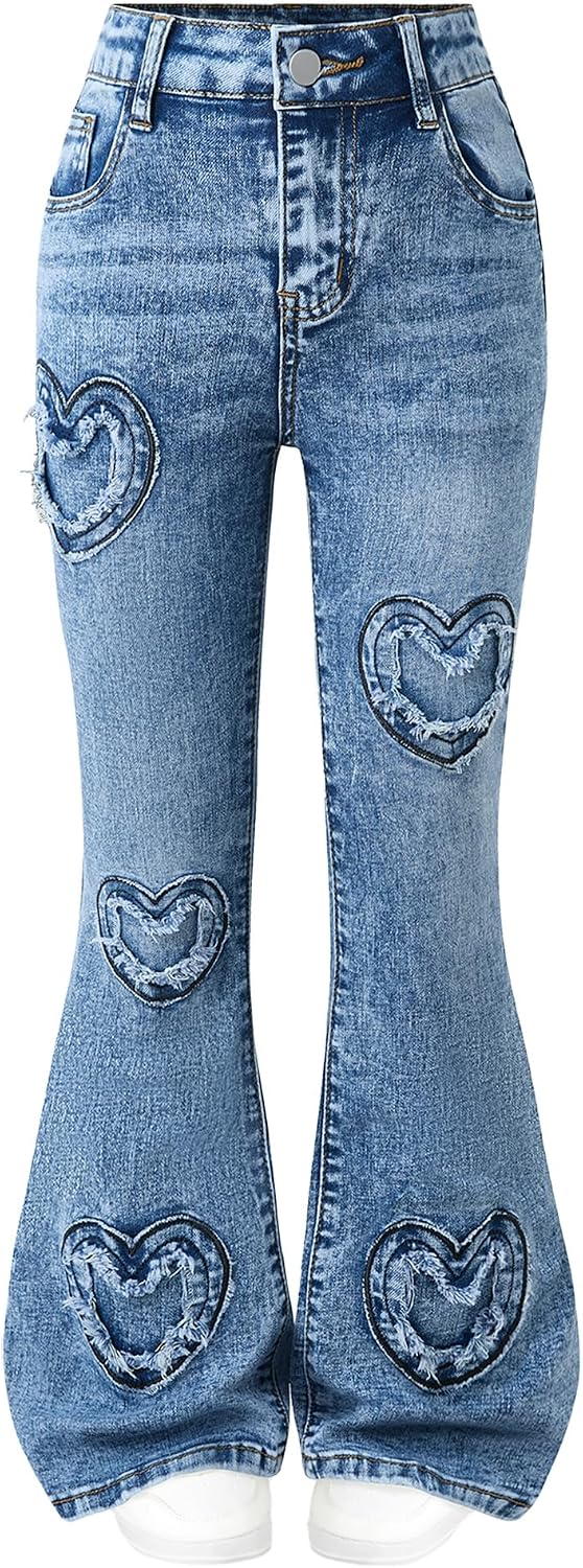 Girls Jeans Flare High Elastic Waist Denim Pants Bell Bottom Stretch Cute Y2K Streetwear with Pockets 7-14Y