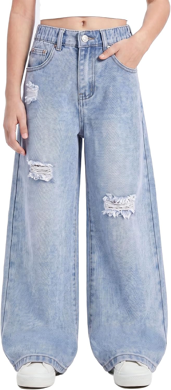 PATPAT Girls Baggy Ripped Jeans 5-14Y, Elastic Waist Wide Leg Denim Pants