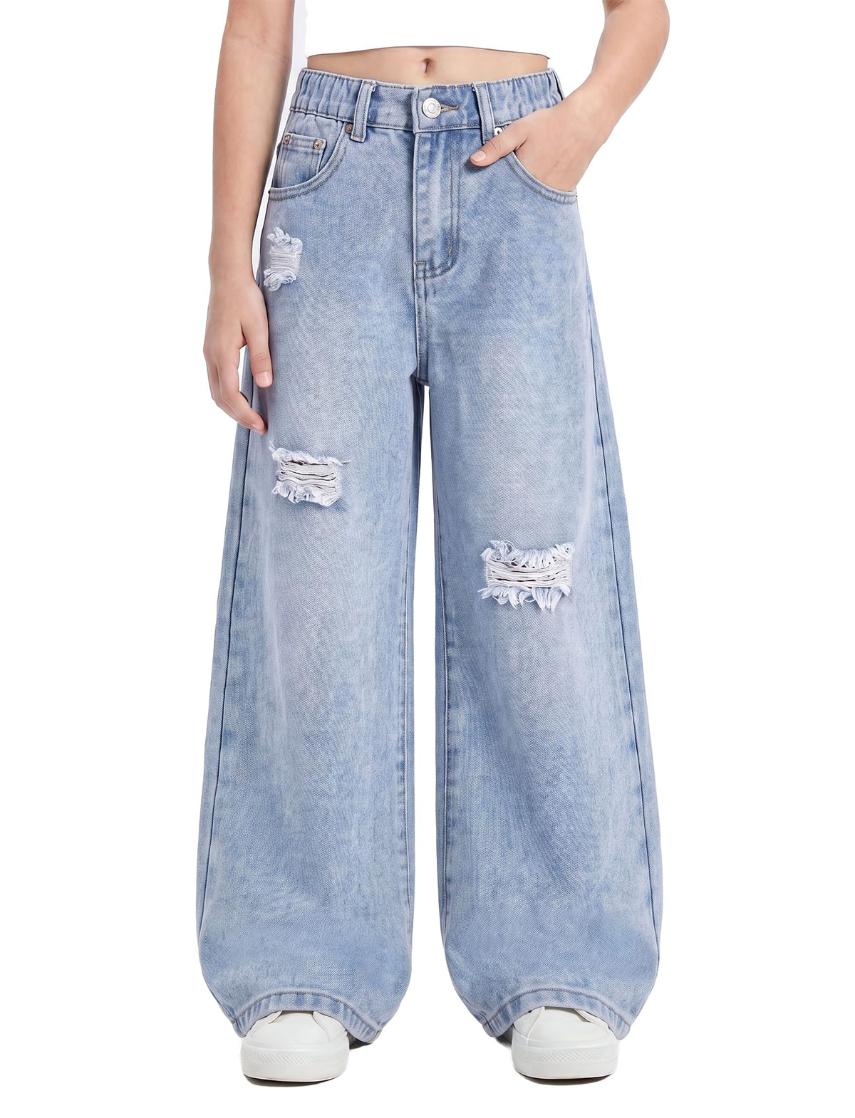 PATPAT Girls Baggy Ripped Jeans 5-14Y, Elastic Waist Wide Leg Denim Pants